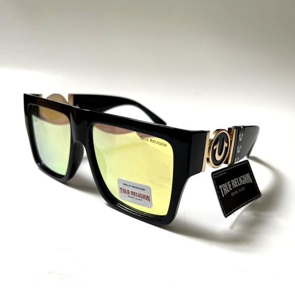 New Original TRUE RELIGION Square Sunglasses Oversized Mirror Yellow Black